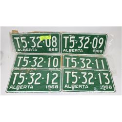 6 CONSECUTIVE NEW OLD STOCK 1968 ALBERTA PLATES
