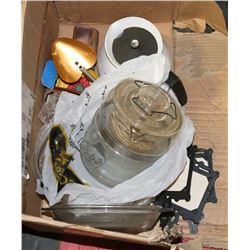 BOX OF CORNINGWARE TEAPOT, PYREX COFFEE POT, AND