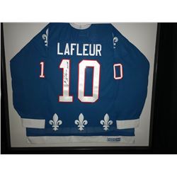 GUY LAFLEUR SIGNED QUEBEC NORDIQUES HOCKEY JERSEY W/ COA (FRAMED 40" X 36")