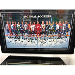 AUTOGRAPHED 500 NHL GOAL SCORERS 42" X 26" FRAMED PRINT W/ HOWE, HULL, BUCYK, BELIVEAU, LAFLEUR...