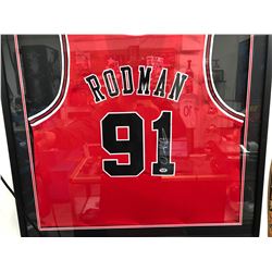 Dennis Rodman Signed Bulls 35x43 Custom Framed Jersey (JSA COA)