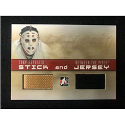 TONY ESPOSITO BETWEEN THE PIPES STICK AND JERSEY HOCKEY CARD
