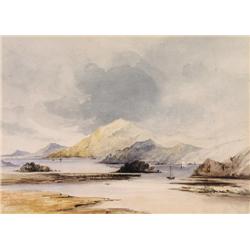 A late 19th century topographical watercolour depicting a scene with sailing ships in calm waters.