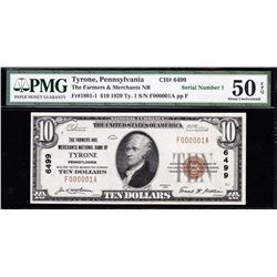 1929 $10 Serial No 1 Tyrone National Currency Note PMG 50EPQ