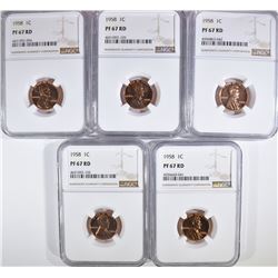 5 1958 LINCOLN CENTS NGC PF-67 RD
