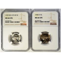 1939 REV OF 40 & 40-D JEFFERSON NICKELS, NGC MS-66