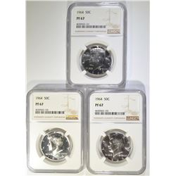 3-1964 KENNEDY HALF DOLLARS, NGC PF-67
