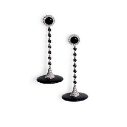 A PAIR OF ONYX AND DIAMOND-SET EARPENDANTS