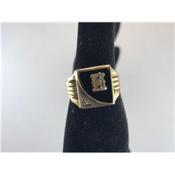 10K YELLOW GOLD MENS SIGNET RING, 1 SINGLE CUT DIAMOND & BLACK ONYX