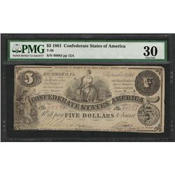 1861 $5 Confederate States of America Note T-36 PMG Very Fine 30