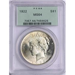 1922 $1 Peace Silver Dollar Coin PCGS MS64