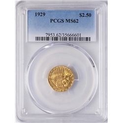 1929 $2 1/2 Indian Head Quarter Eagle Gold Coin PCGS MS62