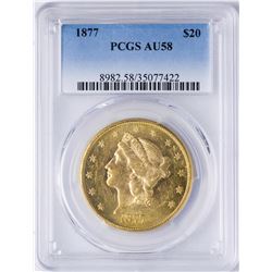 1877 $20 Liberty Head Double Eagle Gold Coin PCGS AU58