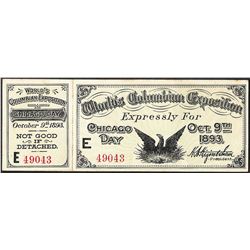 October 9th, 1893 World's Columbian Exposition Ticket with Attached Stub