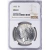 Image 1 : 1922 $1 Peace Silver Dollar Coin NGC MS63