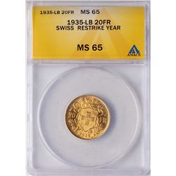 1935-LB Switzerland 20 Francs Gold Coin ANACS MS65