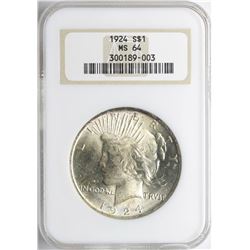1924 $1 Peace Silver Dollar Coin NGC MS64