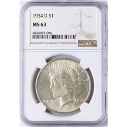 1934-D $1 Peace Silver Dollar Coin NGC MS63