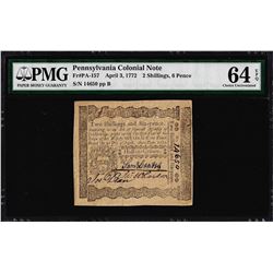 April 3, 1772 Pennsylvania 2 Shillings 6 Pence Colonial Note PMG Choice Unc. 64E