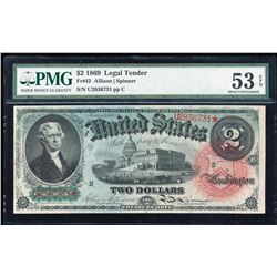 1869 $2 Rainbow Legal Tender Note Fr.42 PMG About Uncirculated 53EPQ