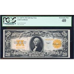 1922 $20 Gold Certificate STAR Note PCGS Extremely Fine 40