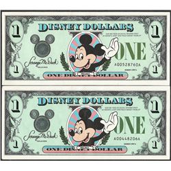 Lot of (2) 1987A $1 Disney Dollar Notes - First Year of Issue