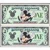Image 1 : Lot of (2) 1987A $1 Disney Dollar Notes - First Year of Issue