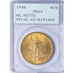 1908 $20 St. Gaudens Double Eagle Gold Coin PCGS MS62 Rattler