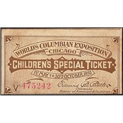 1893 World's Columbian Exposition Children's Special Ticket