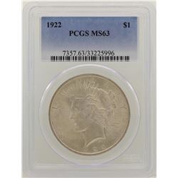 1922 $1 Peace Silver Dollar Coin PCGS MS63