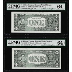 (2) Consec 1988A $1 Federal Reserve STAR Notes Insufficient Ink ERROR PMG Ch. Un