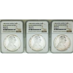 Lot of (3) 1780 Austria Taler Restrike Silver Coins NGC MS67PL