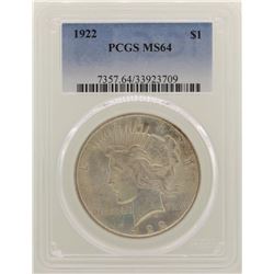 1922 $1 Peace Silver Dollar Coin PCGS MS64