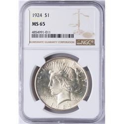 1924 $1 Peace Silver Dollar Coin NGC MS65