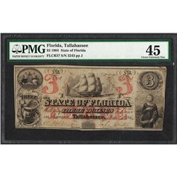 1864 $3 State of Florida Tallahassee Obsolete Note PMG Choice Extremely Fine 45