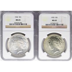 Lot of 1924-1925 $1 Peace Silver Dollar Coins NGC MS65