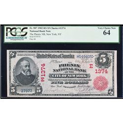 1902RS $5 Phenix National Bank New York, NY National Currency Note PCGS Choice N