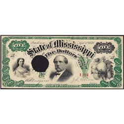 1870 $5 State of Mississippi Obsolete Note Cut Canceled
