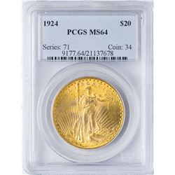 1924 $20 St. Gaudens Double Eagle Gold Coin PCGS MS64