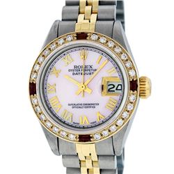 Rolex Ladies Two Tone 14K Pink MOP Diamond & Ruby Datejust Wristwatch