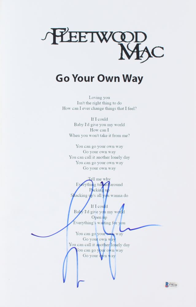 Lindsey Buckingham Signed Fleetwood Mac Go Your Own Way 12x19 Lyrics Sheet Beckett Hologram Lindsey Buckingham Signed Fleetwood Mac Go Your Own Way 12x19 Lyrics Sheet Beckett Hologram