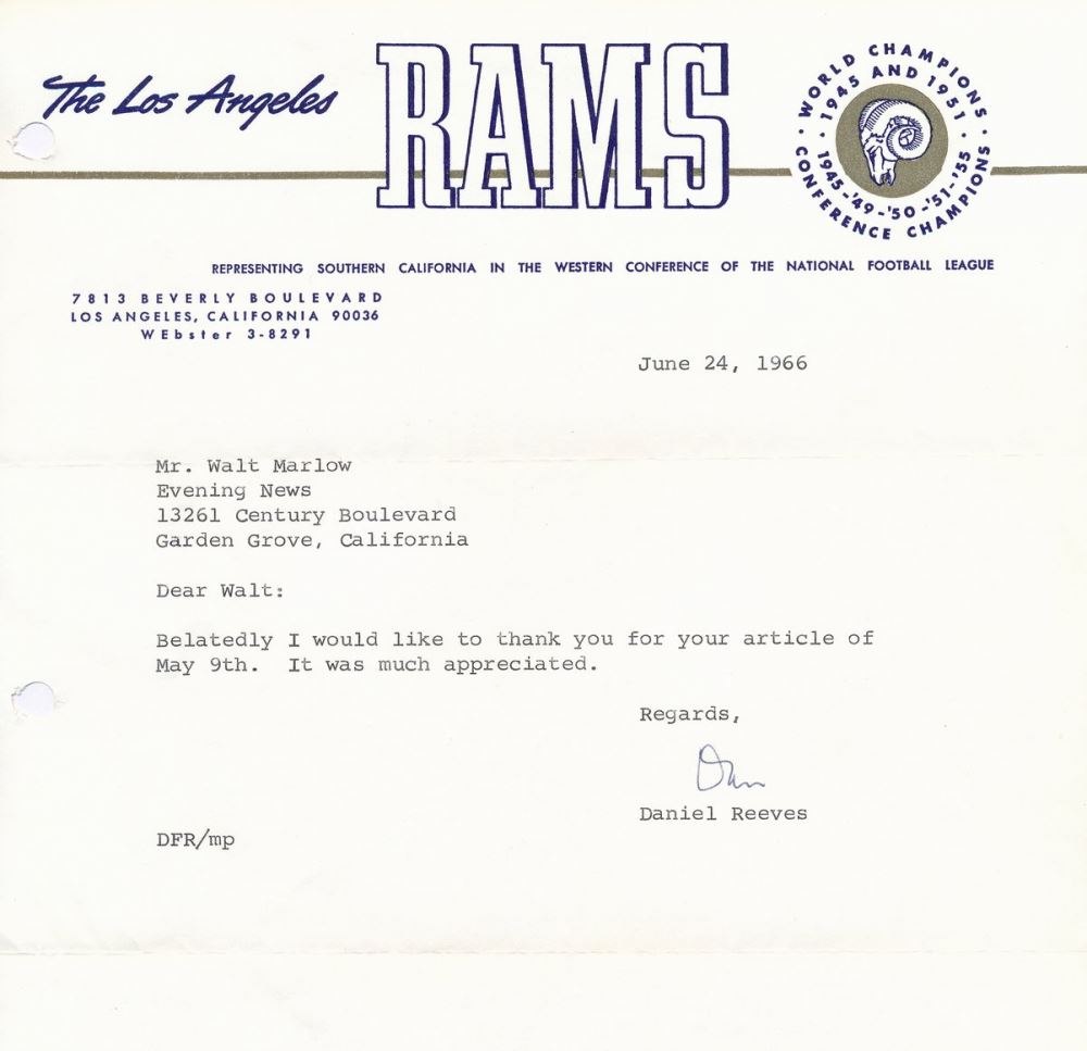 Dan Reeves Signed Original Letter on Rams Letterhead (JSA LOA)