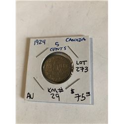 1924 Canada 5 Cents Rare AU High Grade