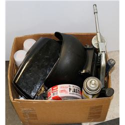 BOX OF MISC INCL TOOLS, GREASE GUN, CLEAR COAT