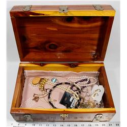 LARGE WOOD JEWELRY BOX WITH CONTENTS.
