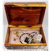 Image 1 : LARGE WOOD JEWELRY BOX WITH CONTENTS.