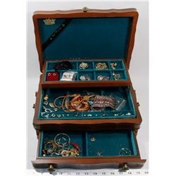 LARGE WOOD JEWELRY BOX WITH CONTENTS.