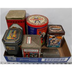 COLLECTIBLE VINTAGE TINS AND 7 OZ FLASK