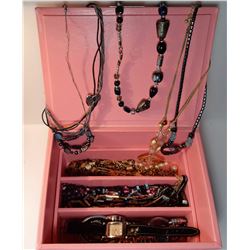 1)  PINK LEATHER JEWELRY BOX & CONTENTS