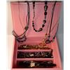 1)  PINK LEATHER JEWELRY BOX & CONTENTS
